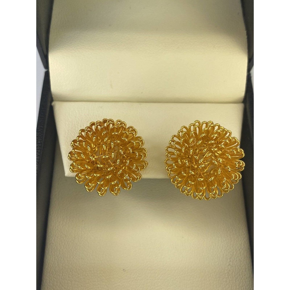 vintage gold bushy spiky curly dandelion chrysantheum flower earrings